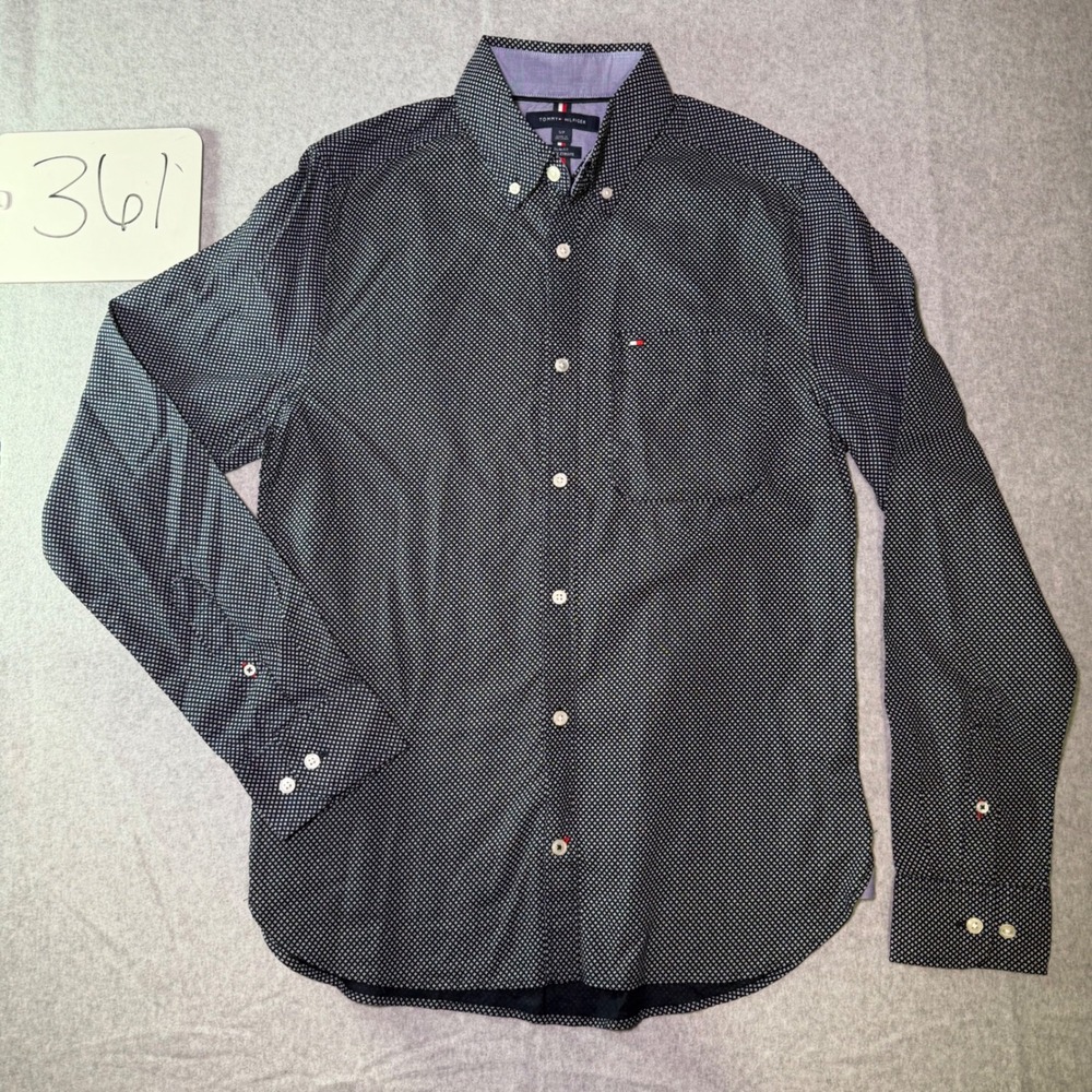 Tommy Hilfiger Mens Slim Fit Button Down Shirt Navy Blue Micro Print Small
